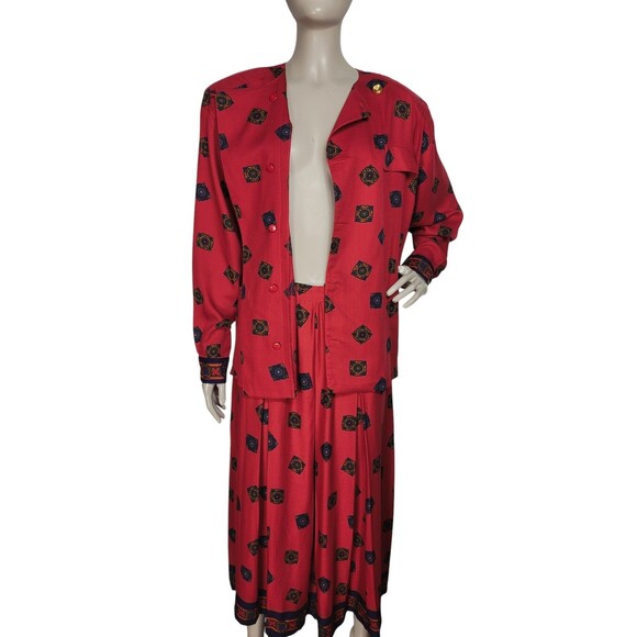 VTG 90s Liz Claiborne Medallion Print High Shoulder Skirt Blouse Belt Size 10 - Picture 9 of 13